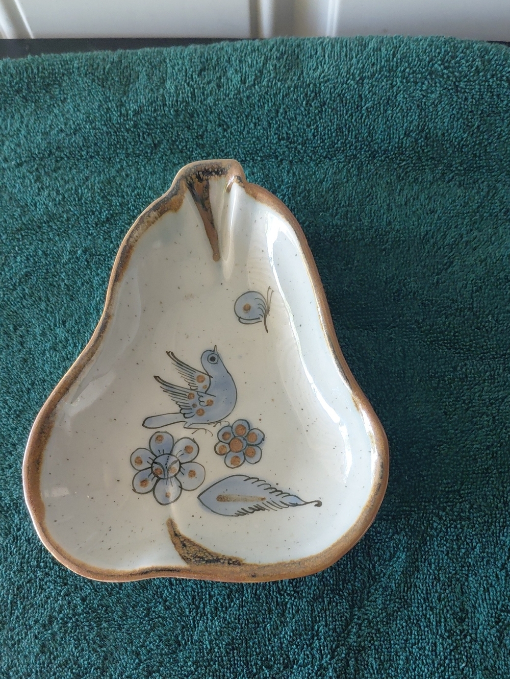 Handmade Ceramic Pear-Shaped Dish with Bird Motif - Cream & Blue